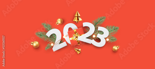 Happy New Year background design with realistic paper numbers 2023  gift box  golden conical Christmas trees  balls and spruce branches on orange red. Horizontal poster  banner  header for website
