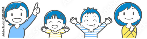 上を見上げて笑顔の家族（同性カップルと子供二人・シンプル）1