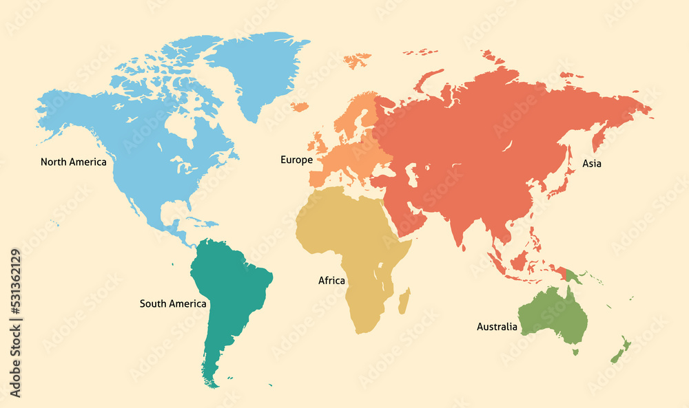 World Map Divided Into Six Continents. Each Continent in Different Vintage Color Style.