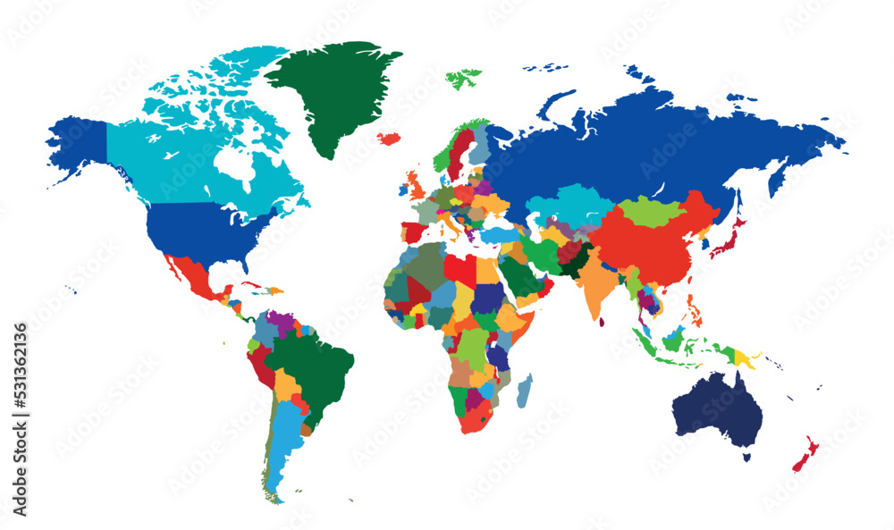 Naklejka premium High Detailed Multicolor Vector World Map With All Country. Colorful Political Map of The World.
