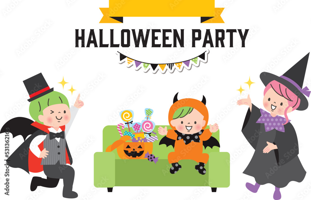 Fototapeta premium ハロウィンの仮装を楽しむ子ども達のイラストセット