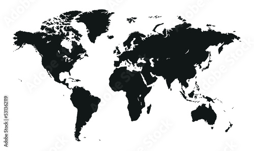 World Map Vector Silhouette Isolated on White Background. Flat Black Earth, World Map Template