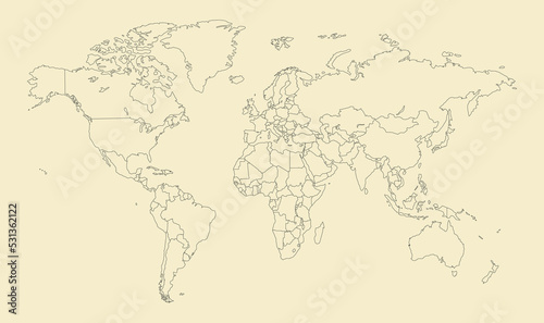 World Map With Country Borders. Detailed Outline Political World Map Vector Vintage Design Style.