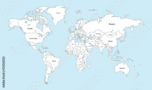 World Map With Country Names. Detailed Outline Political World Map Vector Illustration.