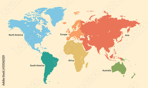 Fototapeta Naklejka Na Ścianę i Meble -  World Map Divided Into Six Continents. Each Continent in Different Vintage Color Style.