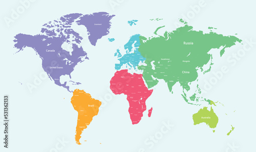 World Map Divided Into Six Continents With Country Names. Each Continent in Different Color.