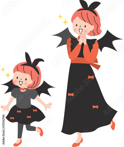 ハロウィンでドラキュラの仮装を楽しむかわいい親子