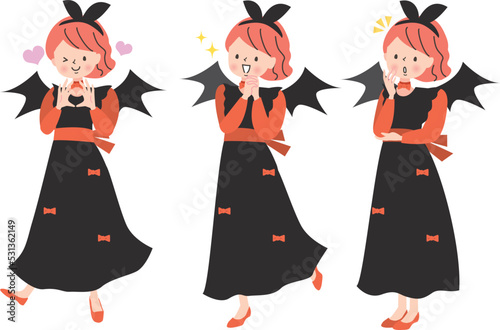 ハロウィンでドラキュラの仮装をする女性の表情セット