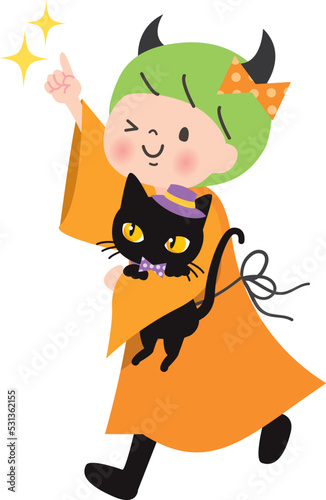 悪魔の仮装をして黒猫を抱っこした女の子のイラスト