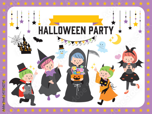 ハロウィンの仮装を楽しむ子ども達のイラストセット