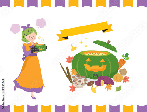 秋野菜で作ったハロウイン料理と仮装した女性