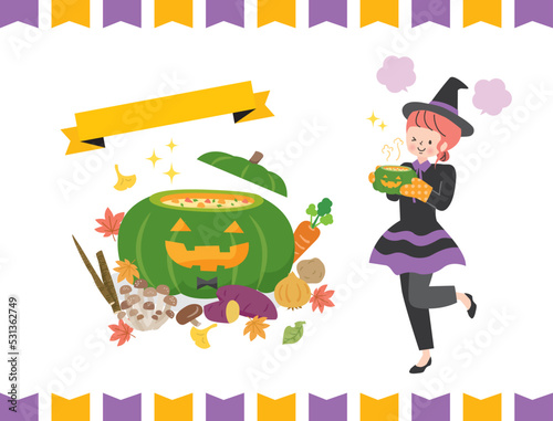 秋野菜で作ったハロウイン料理と仮装した女性