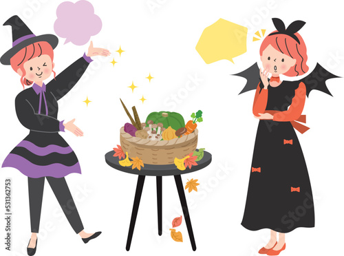 秋の旬の野菜と仮装した女性達