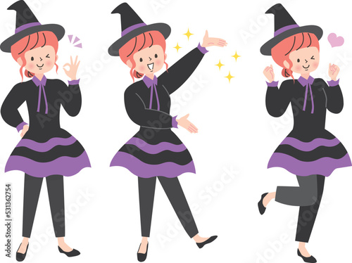 ハロウィンで魔女の仮装する女性の表情セット