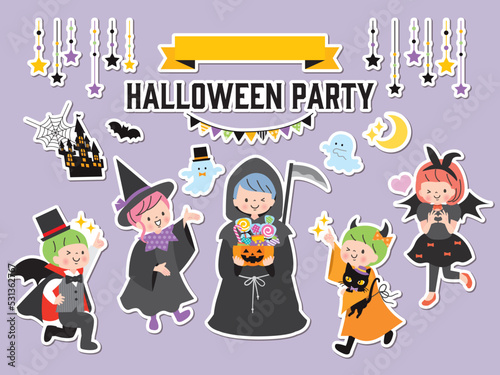 ハロウィンの仮装を楽しむ子ども達のイラストセット