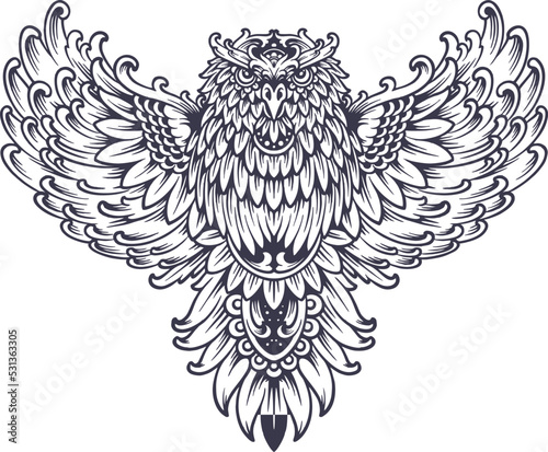 Flying owl flourish ornament silhouette Vector illustrations for your work Logo, mascot merchandise t-shirt, stickers and Label designs, poster, greeting cards advertising business company or brands.