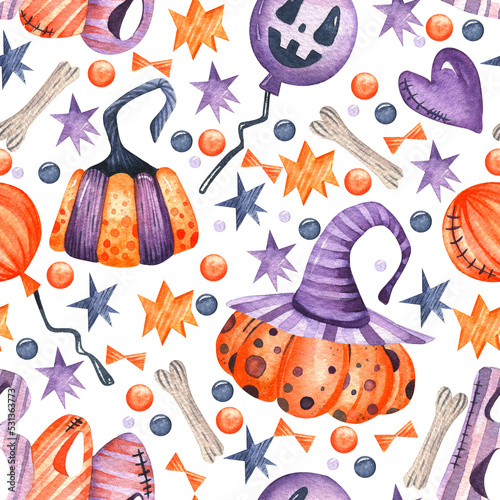 Seamless watercolor pattern. Halloween. Hand-drawn on a stylized pumpkin in a hat, a balloon with a scary face, bones, stars and confetti on a white background. Design for wrapping paper