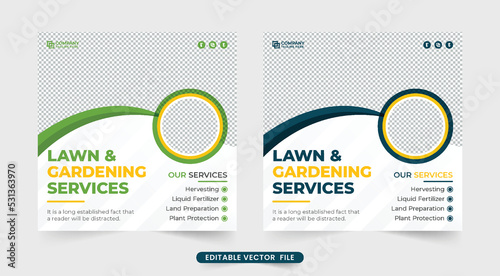 Harvesting and gardening service social media post design with green and blue colors. Lawn mower business template for marketing. Agro farm service promotional template design with creative shapes.
