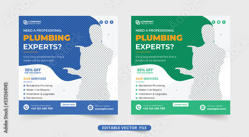 Creative plumbing business promotional template design with abstract shapes. Handyman service social media marketing template vector. Professional plumber service advertisement web banner vector.