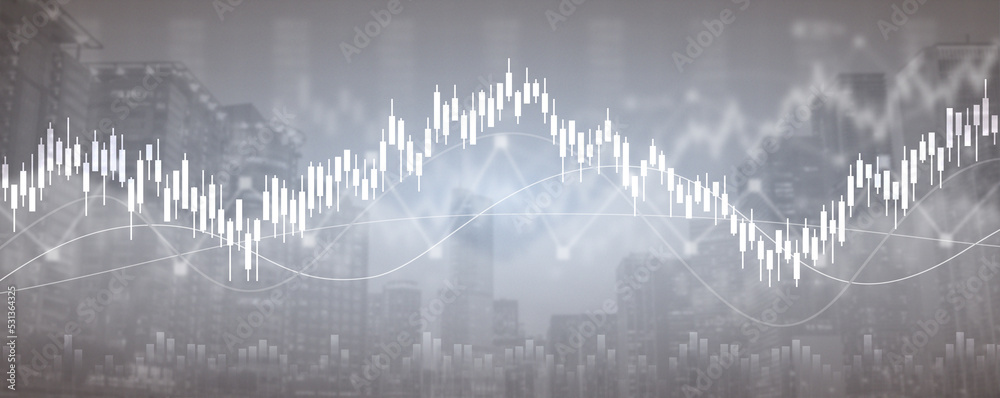 Obraz premium financial chart with line graph in stock market on cityscape background 