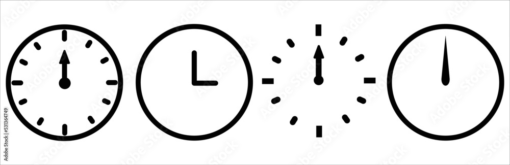 Clock icons with different style. Wall clock. Time icon. Clock icons collection. Set of clock icons. Vector illustration Clock icons with different style. Wall clock. Time icon. Clock icons collection. Set of clock icons. Vector illustration