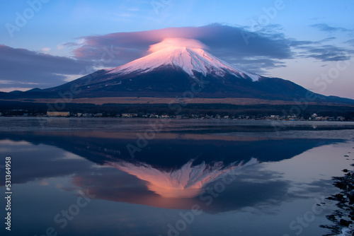 Mount Fuji reflection with pink cloud