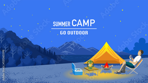 Young man enjoying night camp in summer - Included words