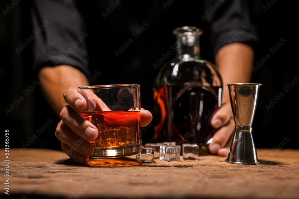 Bartender Serve Whiskey, on wood bar, Bartender Serve Whiskey, on wood bar,