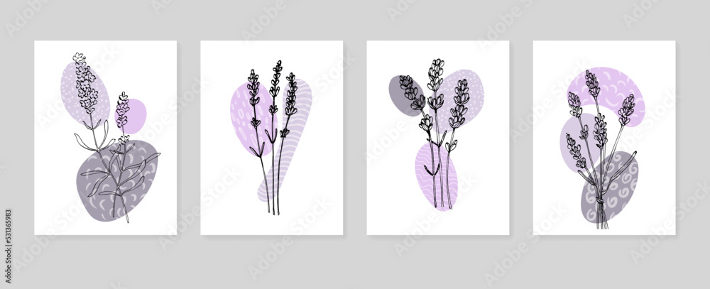 Set of Abstract Lavender Hand Painted Illustrations for Wall Decoration, minimalist flower in sketch style. Postcard, Social Media Banner, Brochure Cover Design Background. Modern Abstract Painting.