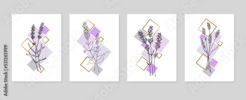 Set of Abstract Lavender Hand Painted Illustrations for Wall Decoration, minimalist flower in sketch style. Postcard, Social Media Banner, Brochure Cover Design Background. Modern Abstract Painting.