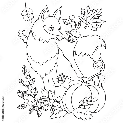 Fox in autumn themes like berries leaves with pumpkin autumn seasonal or thanksgiving coloring pages outline