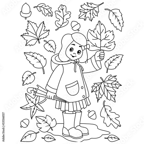 child with autumn leaves Cute girl in beautiful Autumn Leaves on the fall season rainy day vector coloring page outline