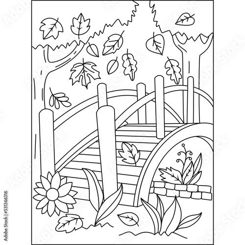 Garden with wooden bridge autumn leaves flowers to fall season coloring illustration pages