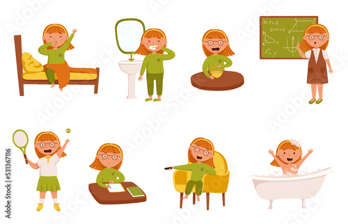 Set of daily cute red-haired girl vector illustration. Kid wake up  brushing teeth  breakfast  learning at school  taking a bath  sleep. Daily routine. Schedule. Isolated on a white background