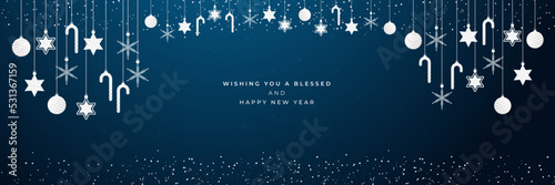 Canvastavla Hanging christmas icons and new year greeting wide banner background
