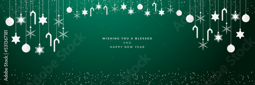 Hanging christmas icons and new year greeting wide banner background
