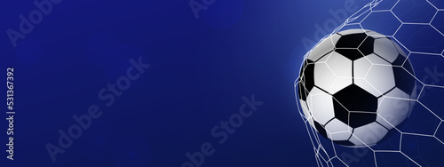Soccer ball in the goal. Football in the net on blue background. Soccer goal. Vector illustration