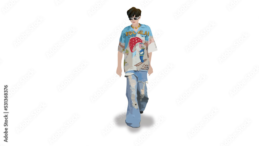 view of a Asian person standing who is wearing a sky blue fairytale patterned Hawaii shirt and a loose fit torn jeans, realistic minimalistic illustration vector view of a Asian person standing who is wearing a sky blue fairytale patterned Hawaii shirt and a loose fit torn jeans, realistic minimalistic illustration vector