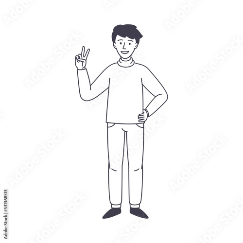 Young Man Showing V Sign with Hands as Positive Peace Gesture Feeling Happiness and Excitement Vector Illustration
