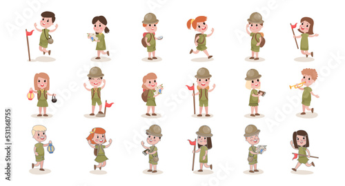Happy Children Scout with Backpack Hiking and Trekking Exploring Nature Vector Set