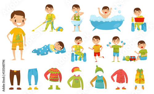 Little Boy Engaged in Daily Activity and Everyday Routine with Clothing Vector Set