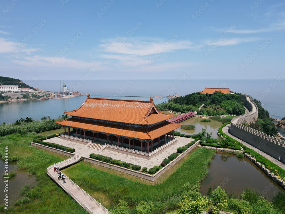 Aerial View of Buddhist Temple and the Pacific Ocean at Chengshantou Resort, Weihai, Shandong Province, China