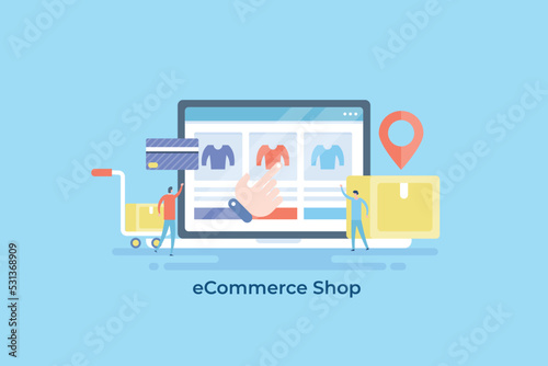 Tiny people shopping from online ecommerce store concept.