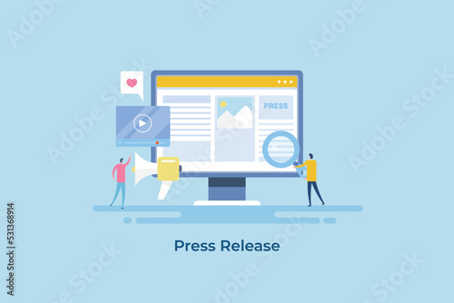 Tiny people publishing content on digital news media, internet press release concept, web banner template.