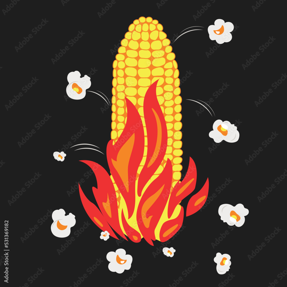 Popcorn on explosion fire vector illustration, popping popcorn, movie
