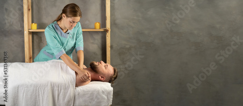 Sports massage. Chest massage. Physical therapist doing massage of men's chest. Banner
