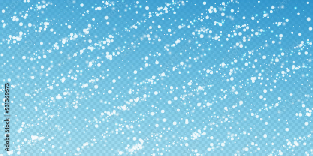 Christmas falling snow background. Subtle flying snow flakes and stars. Festive winter silver snowflake overlay template. Vector illustration