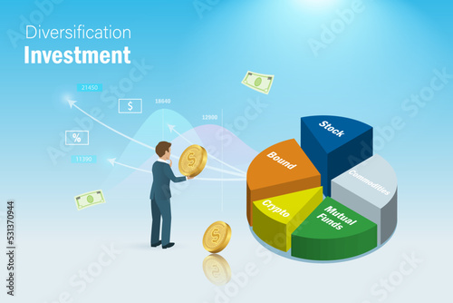 Businessman rebalancing diversification investment on 3D pie graph. Financial allocation investment strategy and risk management on portfolio.