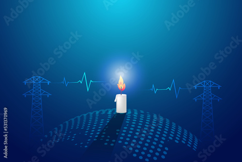 Energy crisis, shortage and demand of electricity energy. Candle lighting on globe with ECG EKG medical health represent critical and shortage of energy.