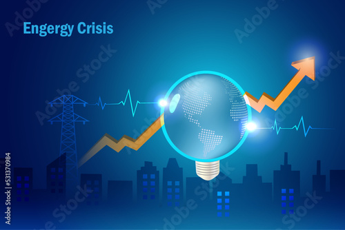 Energy crisis, increasing demand of electricity and energy shortage. Globe light bulb with ECG EKG medical health and high critical graph on energy.